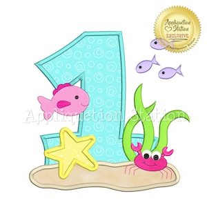 May include: A blue number one with white circles, a pink fish, a yellow starfish, a green seaweed, and a pink crab on a tan sand-coloured background. The text "Appliquetion Station Exclusive" is on a gold seal.