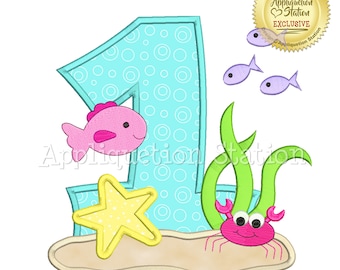 Under The Sea Number One Applique Machine Embroidery Design ocean fish crab 1 first INSTANT DOWNLOAD