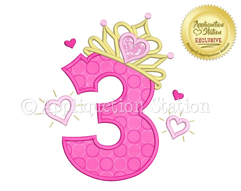 Princess Tiara #3 Applique Machine Embroidery Design Birthday crown number three third 3rd INSTANT DOWNLOAD