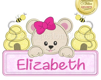 Bear Name Plate Girl Applique Machine Embroidery Design baby bow teddy honey bee hive sign INSTANT DOWNLOAD