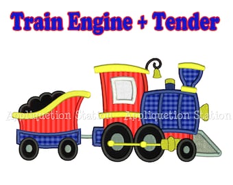 Train Engine and Tender Applique Machine Embroidery Design boy blue red locomotive INSTANT DOWNLOAD