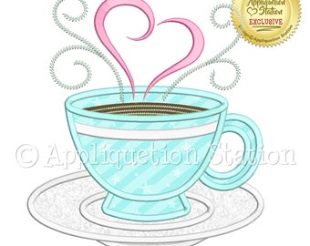 Teacup Coffee with Heart Swirls Applique Machine Embroidery Design latte Valentine's Day INSTANT DOWNLOAD