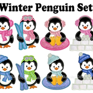Cute Complete Winter Penguin Set Applique Machine Embroidery Design Christmas sledding, tubing, skiing, ski INSTANT DOWNLOAD
