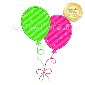 May include: Two balloons tied together with a green ribbon. The balloon on the left is green with white stripes and stars. The balloon on the right is pink with white stripes and stars.