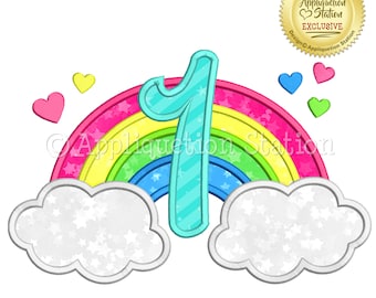 May include: A rainbow with a blue number one in the center. The rainbow is made of pink, red, orange, yellow, green, blue, and purple. There are white clouds on either side of the rainbow. There are also small pink, yellow, and green hearts around the rainbow.