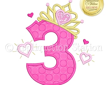 Princess Tiara #3 Applique Machine Embroidery Design Birthday crown number three third 3rd INSTANT DOWNLOAD