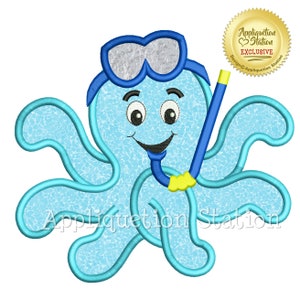 May include: A blue octopus wearing a blue diving mask and holding a yellow and blue snorkel. The octopus has a happy face and is surrounded by a blue and white water pattern. The text "Appliquetion Station" is visible in the image.