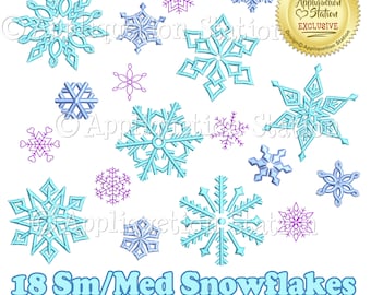 May include: 18 small and medium sized blue snowflake embroidery designs. The snowflakes are various sizes from 1 to 3 inches.