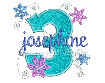 Snowflakes Number Three 3rd Birthday Applique Machine Embroidery Design third winter frozen INSTANT DOWNLOAD