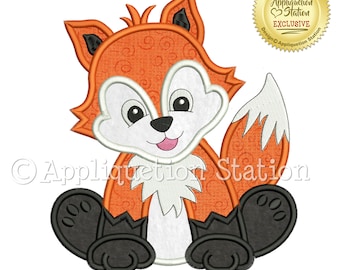 May include: A cute orange and white fox with black eyes and a black nose sits with its legs crossed and a big smile. The fox has a white belly and a white tail tip. The fox is sitting on a white background.