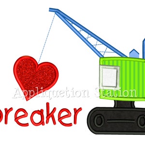 May include: A green construction crane with a black track base is lifting a red heart with glitter. The text "breaker" is written in red below the heart.