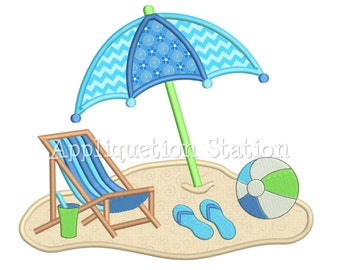 Beach Chair Umbrella Scene Applique Machine Embroidery Design Pattern ball sandals nautical ocean beach INSTANT DOWNLOAD