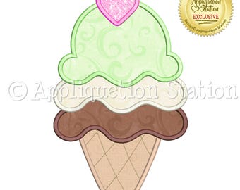 Triple Ice Cream Cone Applique Machine Embroidery Design pink Cherry Dessert INSTANT DOWNLOAD