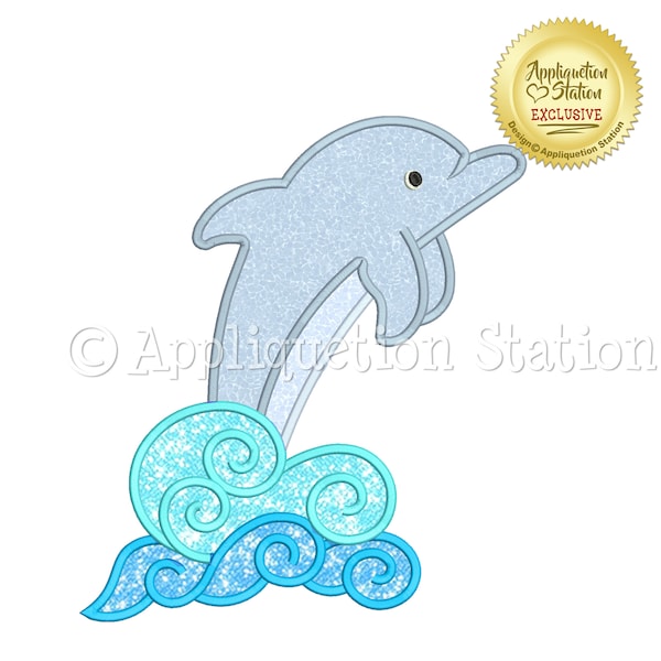 Dolphin Swirly Wave Applique Machine Embroidery Design sea creature nautical ocean fish whale summer INSTANT DOWNLOAD