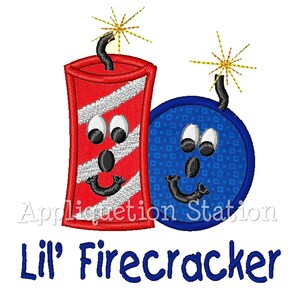 May include: Two cartoon firecrackers with smiling faces. The firecracker on the left is red and white striped. The firecracker on the right is blue with a white polka dot pattern. The text "Lil' Firecracker" is below the firecrackers.