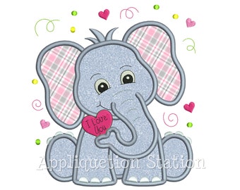 Elephant Holding Heart Applique Machine Embroidery Design Valentine I Love You INSTANT DOWNLOAD