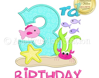 My 3rd Birthday Under The Sea Number Three Applique Machine Embroidery Design ocean fish crab third INSTANT DOWNLOAD