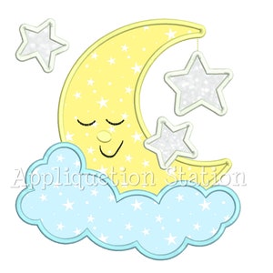 Moon and 3 Stars Asleep Applique Machine Embroidery Design boy/girl baby cloud hanging star INSTANT DOWNLOAD