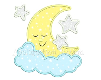 Moon and 3 Stars Asleep Applique Machine Embroidery Design boy/girl baby cloud hanging star INSTANT DOWNLOAD