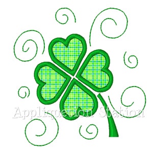 May include: Green four-leaf clover with a checkered pattern inside each leaf. The clover has a stem and is surrounded by green swirls.