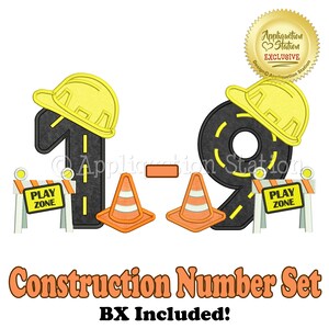 May include: Construction number set featuring the numbers 1 and 9. The numbers are black with yellow road lines and a yellow construction hat on top. There are orange traffic cones and black and yellow construction signs with the text "Play Zone" on them.