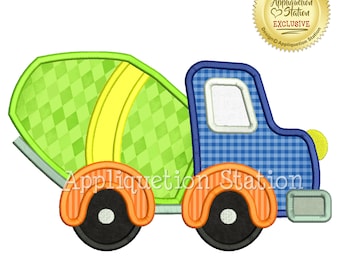 Diseño de bordado a máquina de aplique de camión hormigonera, lindo niño, vehículo de construcción, DESCARGA INSTANTÁNEA