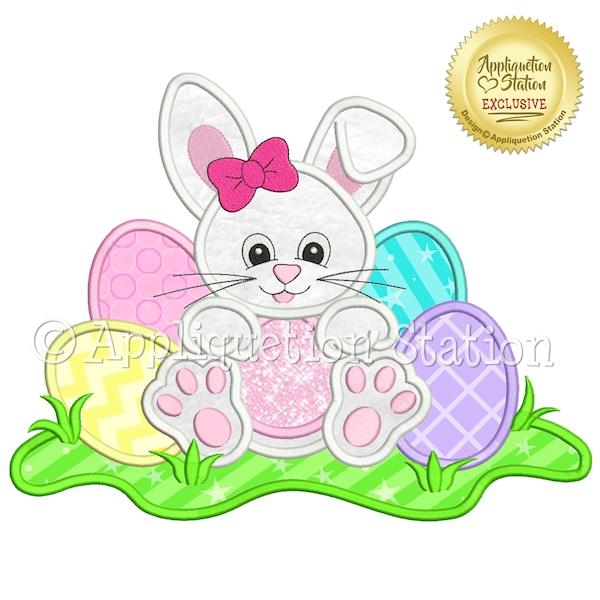 Easter Bunny Girl with Eggs Applique Machine Embroidery Design Baby Bow Spring Rabbit INSTANT DOWNLOAD