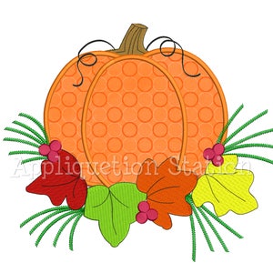 Diseño de bordado a máquina con apliques de calabaza de otoño con hojas, cosecha de otoño, Acción de Gracias, otoño, DESCARGA INMEDIATA