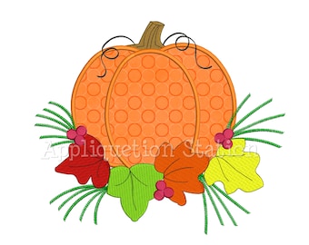 Fall Pumpkin with Leaves Applique Machine Embroidery Design Fall Harvest Thanksgiving AutumnINSTANT DOWNLOAD