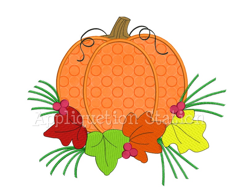 Fall Pumpkin with Leaves Applique Machine Embroidery Design Fall Harvest Thanksgiving AutumnINSTANT DOWNLOAD image 1