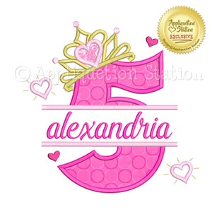 Split Princess Tiara #5 Applique Machine Embroidery Design Birthday crown number five fifth 5th INSTANT DOWNLOAD
