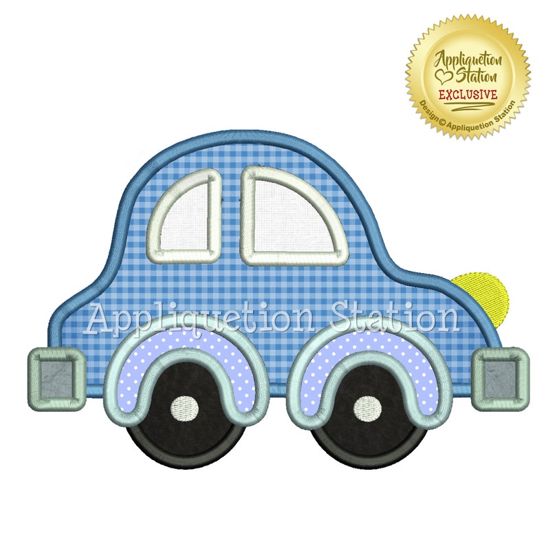 May include: Blue and white gingham car applique with white polka dot wheels and a yellow headlight. The applique is designed by Appliquetion Station.