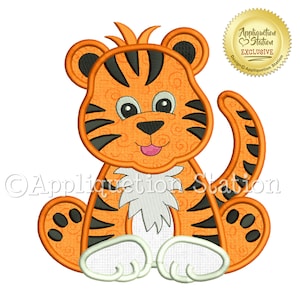May include: A cute orange and black tiger applique design with a white belly and paws. The tiger is sitting with its tail curled around its back. The design is perfect for adding a touch of whimsy to any project.