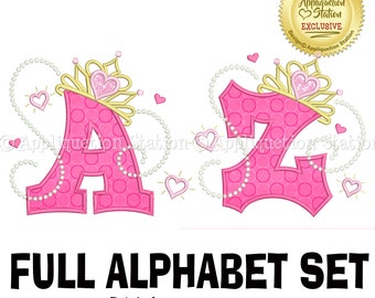 BX Applique Font Princess Tiara Full Alphabet Set Machine Embroidery Design girl crown INSTANT DOWNLOAD