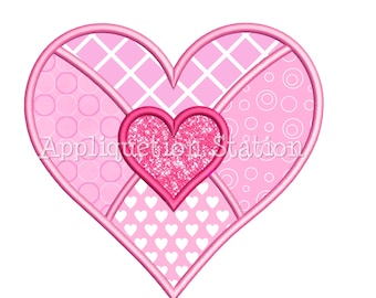 Double Heart Patchwork Applique Machine Embroidery Design Valentine pink red INSTANT DOWNLOAD
