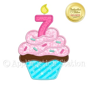 Birthday Cupcake Candle Number 7 Applique Machine Embroidery Design dessert cake seven 7th seventh party INSTANT DOWNLOAD