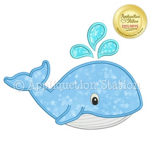 Puede incluir: Una ballena azul con vientre blanco y un patrón de estrellas. La ballena está soplando agua por su espiráculo. La ballena es una ilustración de estilo de dibujos animados.