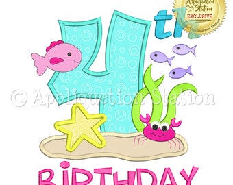 My 4th Birthday Under The Sea Number Four Applique Machine Embroidery Design ocean fish crab fourth INSTANT DOWNLOAD