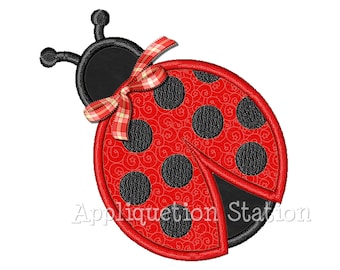Diseño de bordado a máquina de aplique de mariquita con lazo de lunares rojos y negros. DESCARGA INSTANTÁNEA.