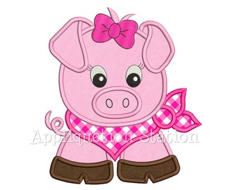 Bandana Baby Girl Pig Applique Machine Embroidery Design Farm Animal Cute INSTANT DOWNLOAD