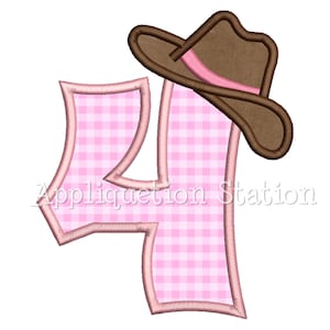 Number Four Cowgirl Hat 4th Birthday Applique Machine Embroidery Design girl 4 INSTANT DOWNLOAD