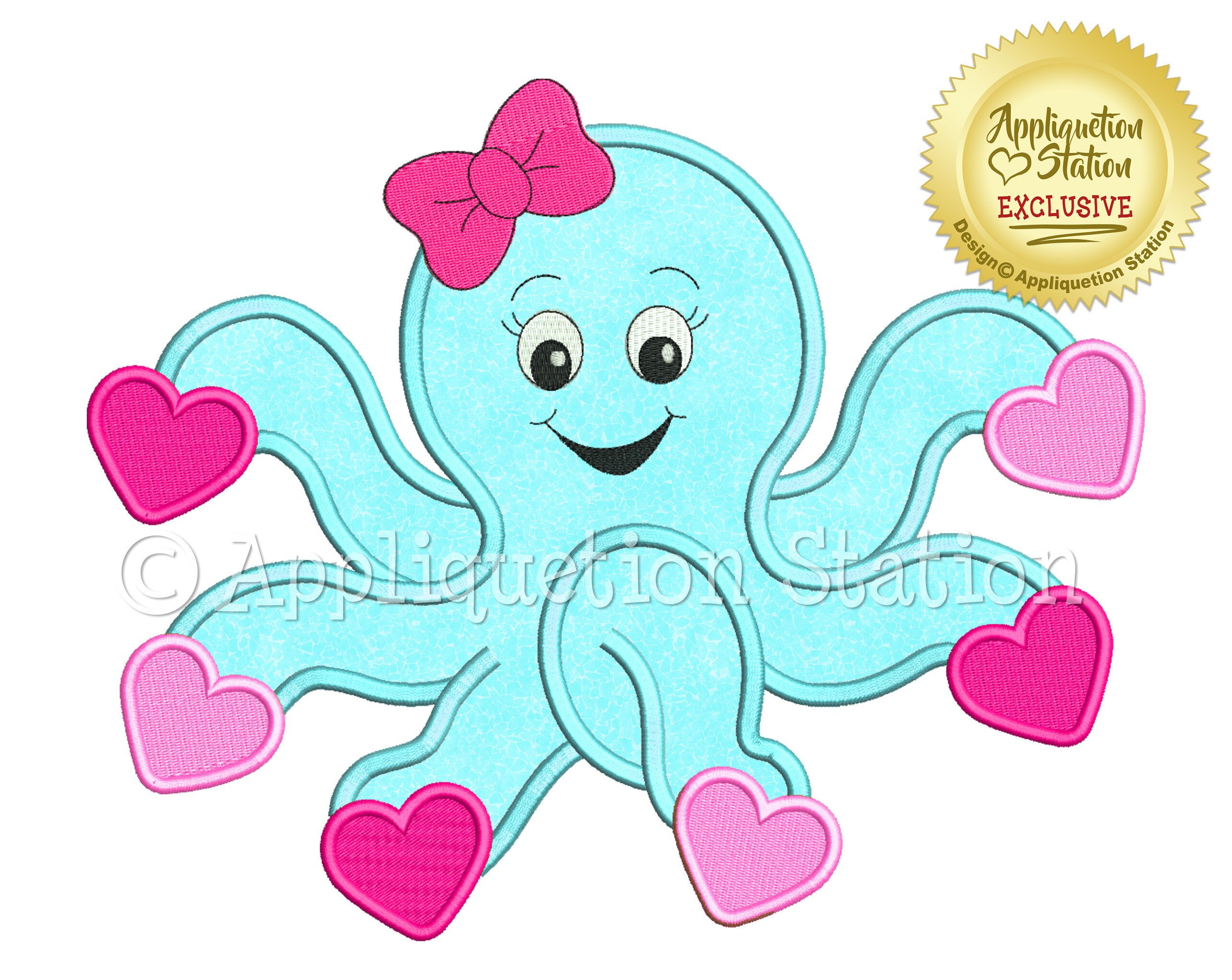 Octopus with Hearts Applique Machine Embroidery Design Girl Bow Valentine's Day INSTANT DOWNLOAD