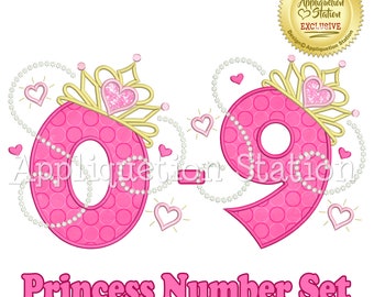 BX Princess Tiara + Pearls Numbers Set 0-9 Applique Machine Embroidery Design Birthday crown 1st 1,2,3,4,5,6,7,8,9 INSTANT DOWNLOAD