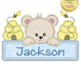 Bear Name Plate Boy Applique Machine Embroidery Design baby teddy honey bee hive sign INSTANT DOWNLOAD