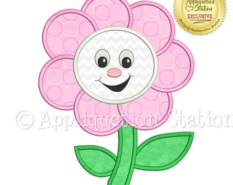 Happy Flower Applique Machine Embroidery Design Girl smiley face summer spring INSTANT DOWNLOAD