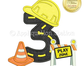 Construction Number 3 Birthday Applique Machine Embroidery Design 3rd third three boy INSTANT DOWNLOAD