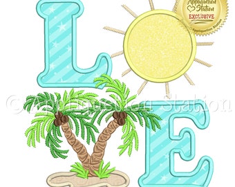 LOVE Summer Sunshine Tropical Palm Tree Applique Machine Embroidery Design Pattern Summer Tropical Coconut INSTANT DOWNLOAD