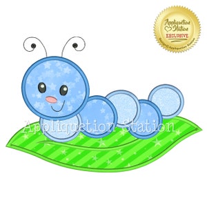 May include: Blue and white star patterned caterpillar applique design on a green leaf with white stars. Appliquetion Station Design Exclusive.