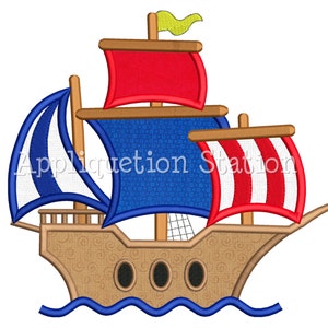 May include: A red, white and blue sailboat with three sails. The sails are decorated with stripes and a pattern of small squares. The boat has a brown hull with two portholes and a blue wave underneath.
