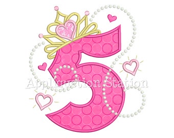 Princess Tiara + Pearls #5 Applique Machine Embroidery Design Birthday crown number five fifth 5th INSTANT DOWNLOAD